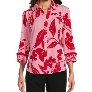 Investments Woven Bold Palm 3/4 Sleeve Point Collar Blouse Pink Red Size L